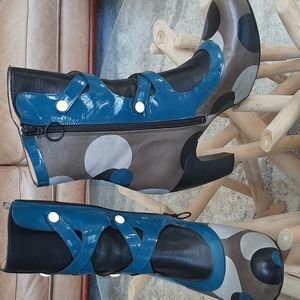 Fluevog size 9.5 mid-calf boot: stone grey with black, blue, light grey circles
